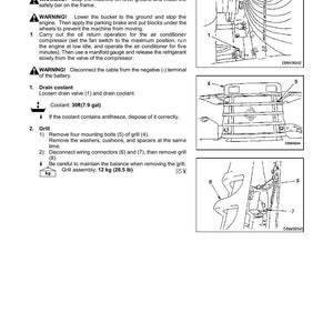 May include: A technical diagram detailing the disassembly and assembly of a radiator. The document includes warnings, step-by-step instructions, and diagrams for removing the radiator assembly. The grill assembly weighs 26.5 lb.