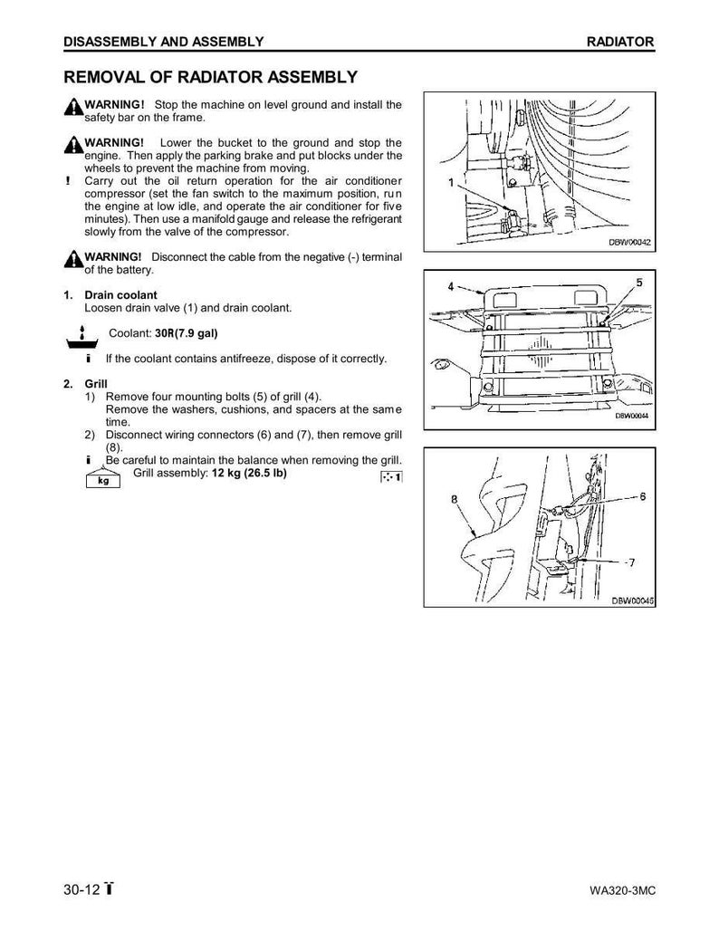 May include: A technical diagram detailing the disassembly and assembly of a radiator. The document includes warnings, step-by-step instructions, and diagrams for removing the radiator assembly. The grill assembly weighs 26.5 lb.