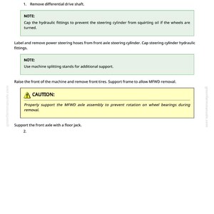 Puede incluir: Una p&aacute;gina de manual titulada "Extracci&oacute;n e instalaci&oacute;n de MFWD". El texto proporciona instrucciones para quitar e instalar piezas, incluida la extracci&oacute;n del eje de transmisi&oacute;n diferencial y el soporte del eje delantero con un gato.