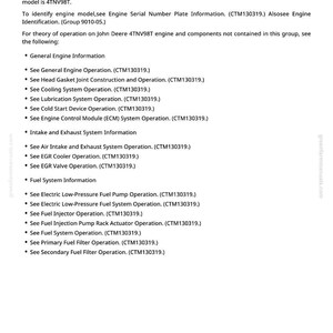 Puede incluir: P&aacute;gina de un manual titulada "John Deere Engine". El texto describe un motor di&eacute;sel de 3,3 L, modelo 4TNV98T, fabricado por Yanmar Co. Enumera temas como el funcionamiento del motor, la refrigeraci&oacute;n y los sistemas de combustible.