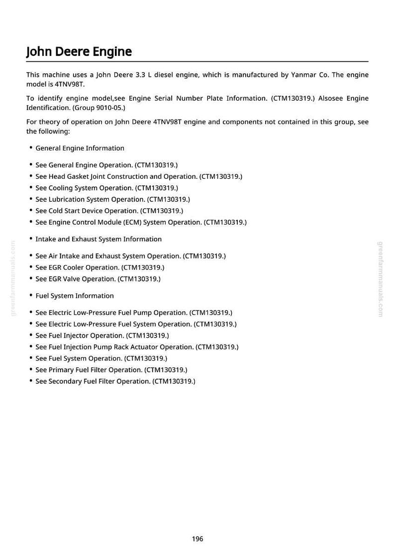 Puede incluir: P&aacute;gina de un manual titulada "John Deere Engine". El texto describe un motor di&eacute;sel de 3,3 L, modelo 4TNV98T, fabricado por Yanmar Co. Enumera temas como el funcionamiento del motor, la refrigeraci&oacute;n y los sistemas de combustible.