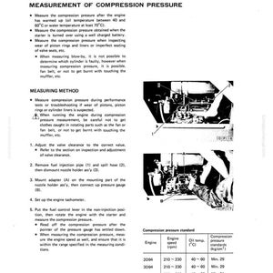 May include: A page from a manual detailing the measurement of compression pressure in an engine. The text includes instructions and specifications, accompanied by diagrams of engine components and a pressure gauge.