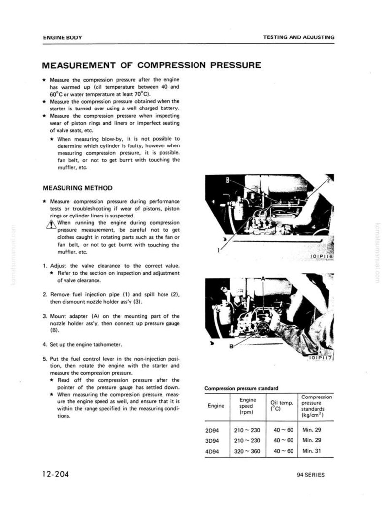 May include: A page from a manual detailing the measurement of compression pressure in an engine. The text includes instructions and specifications, accompanied by diagrams of engine components and a pressure gauge.