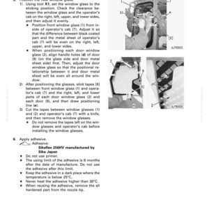 May include: Technical manual page with instructions for disassembling and assembling operator's cab glass. Includes diagrams, tool X1, and adhesive information. Text includes "Sikaflex 256HV manufactured by Sika Japan."