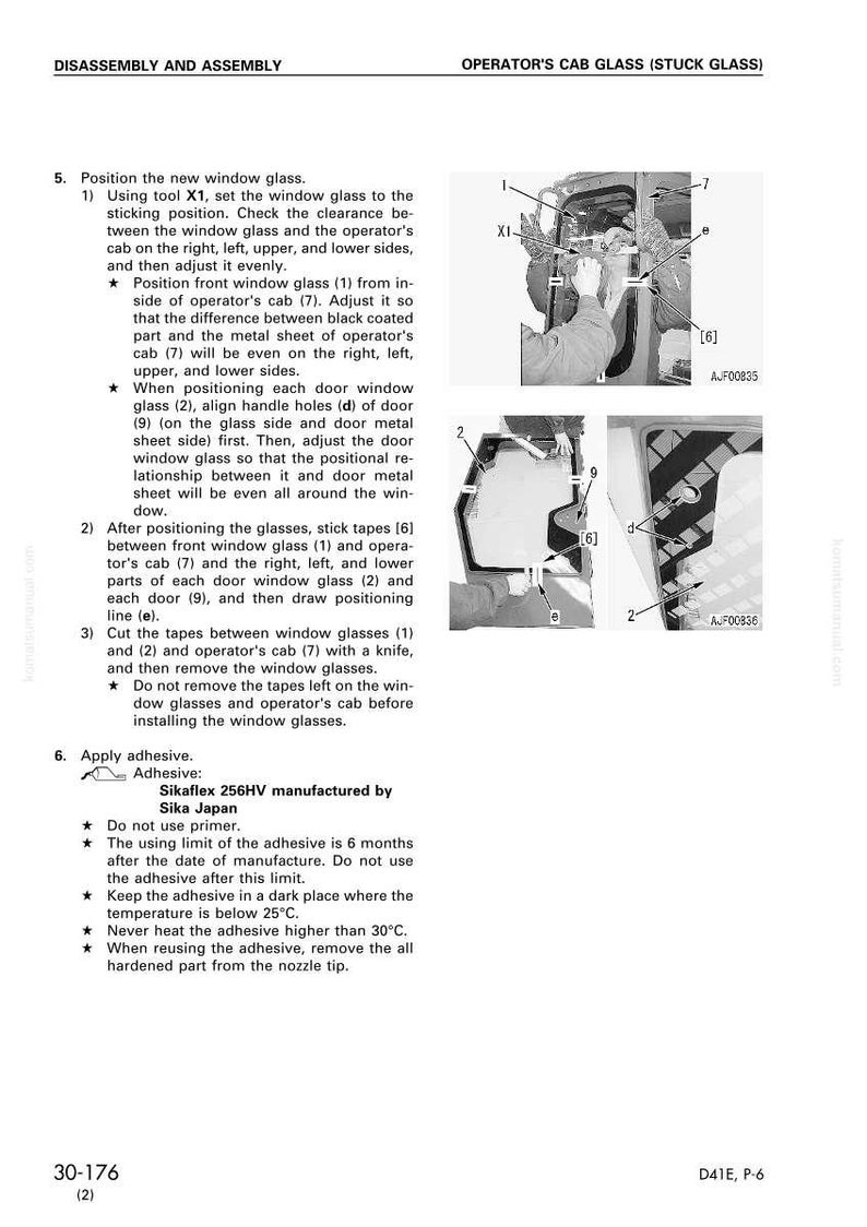 May include: Technical manual page with instructions for disassembling and assembling operator's cab glass. Includes diagrams, tool X1, and adhesive information. Text includes "Sikaflex 256HV manufactured by Sika Japan."