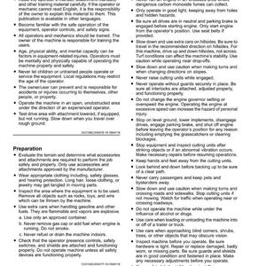 May include: A safety manual page titled "Safety", detailing operator training, safe operation, and preparation. The text includes bullet points outlining safety procedures and precautions for equipment operation.