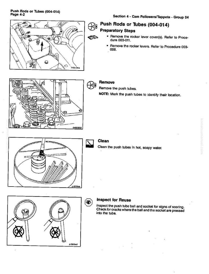 Pode incluir: Diagrama t&eacute;cnico com instru&ccedil;&otilde;es para varetas ou tubos de impuls&atilde;o automotivos. A imagem inclui ilustra&ccedil;&otilde;es para remo&ccedil;&atilde;o, limpeza e inspe&ccedil;&atilde;o dos componentes. O texto inclui etapas preparat&oacute;rias e notas.
