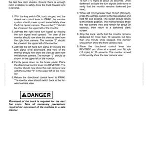 May include: A page from a manual detailing integrated functions check for a camera system. Instructions include steps for the monitor display, turn signals, and reversing. A "DANGER" warning is also present, with the text "Movement of the truck is required for the next few steps."