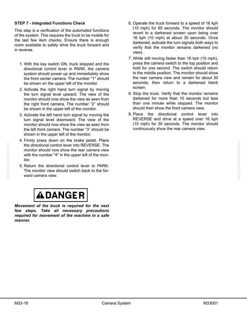 May include: A page from a manual detailing integrated functions check for a camera system. Instructions include steps for the monitor display, turn signals, and reversing. A "DANGER" warning is also present, with the text "Movement of the truck is required for the next few steps."