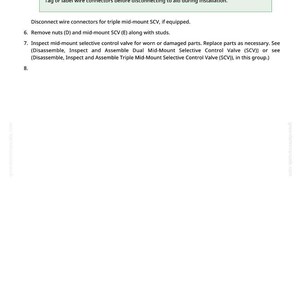 May include: A page from a manual with instructions for disconnecting hydraulic lines and wire connectors. The text includes steps for removing nuts and inspecting control valves. The document has a green and white color scheme.