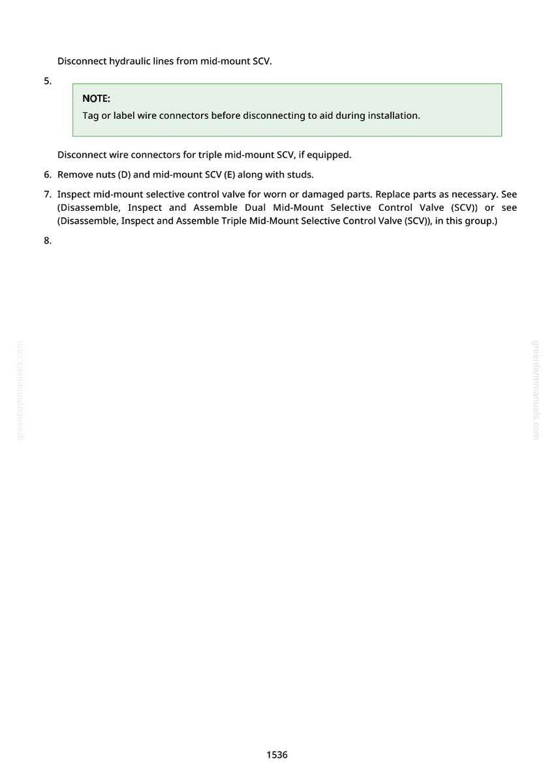 May include: A page from a manual with instructions for disconnecting hydraulic lines and wire connectors. The text includes steps for removing nuts and inspecting control valves. The document has a green and white color scheme.