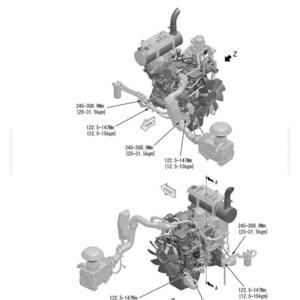 Op de afbeelding: Diagram van een motor- en koelsysteem, getiteld "Engine and cooling system" en "Engine mount". De afbeelding bevat metingen in Nm en kgm, met pijlen die naar verschillende motoronderdelen wijzen. De tekst "FRONT" is zichtbaar.