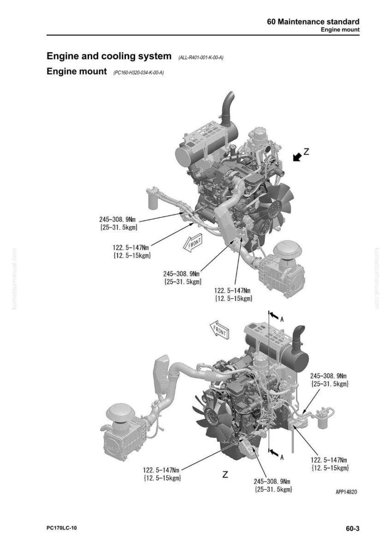 Op de afbeelding: Diagram van een motor- en koelsysteem, getiteld "Engine and cooling system" en "Engine mount". De afbeelding bevat metingen in Nm en kgm, met pijlen die naar verschillende motoronderdelen wijzen. De tekst "FRONT" is zichtbaar.