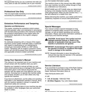 May include: A page from a John Deere operator's manual, featuring sections on emissions, safety, and service literature. The manual provides instructions and warnings for machine operation and maintenance.