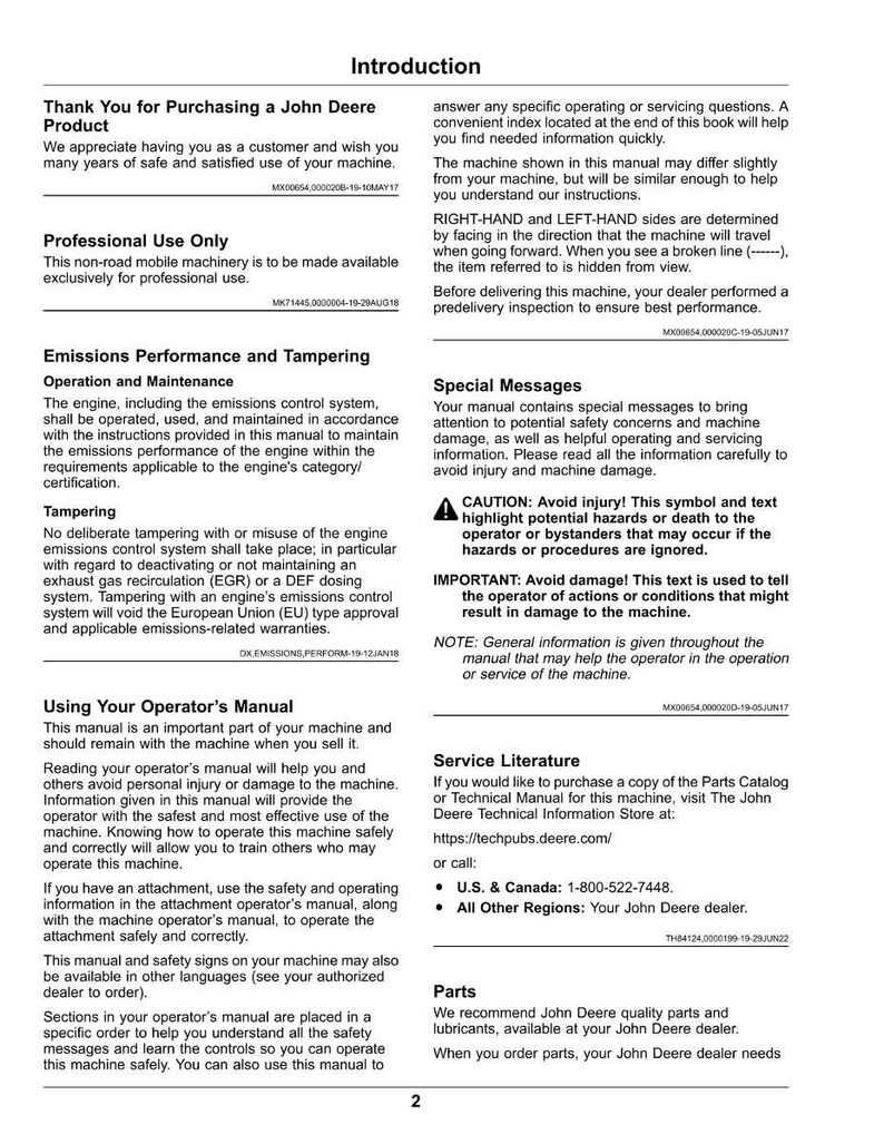 May include: A page from a John Deere operator's manual, featuring sections on emissions, safety, and service literature. The manual provides instructions and warnings for machine operation and maintenance.