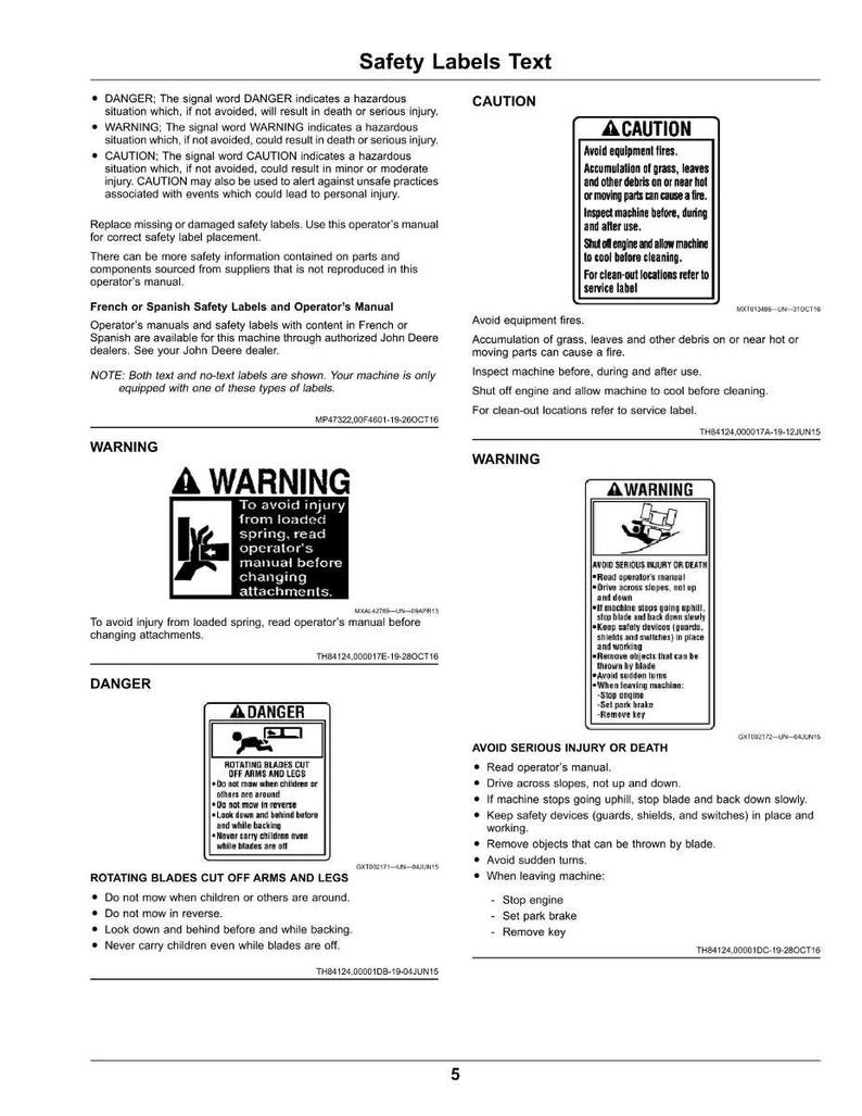 K&ouml;nnte beinhalten: Ein Sicherheitsaufkleberblatt mit Warnungen und Anweisungen. Enth&auml;lt "GEFAHR", "WARNUNG" und "VORSICHT" Etiketten, zusammen mit Sicherheitshinweisen. Enth&auml;lt Text in Englisch, Franz&ouml;sisch und Spanisch sowie Diagramme.