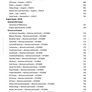 May include: A detailed engine repair manual page with a list of procedures, including inspection, removal, and installation of various engine components. The text is in black font on a white background, with page numbers on the right.