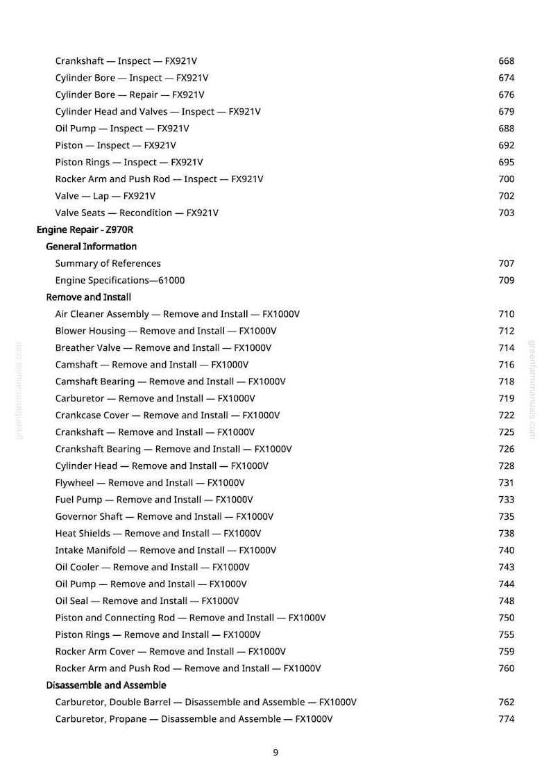 May include: A detailed engine repair manual page with a list of procedures, including inspection, removal, and installation of various engine components. The text is in black font on a white background, with page numbers on the right.