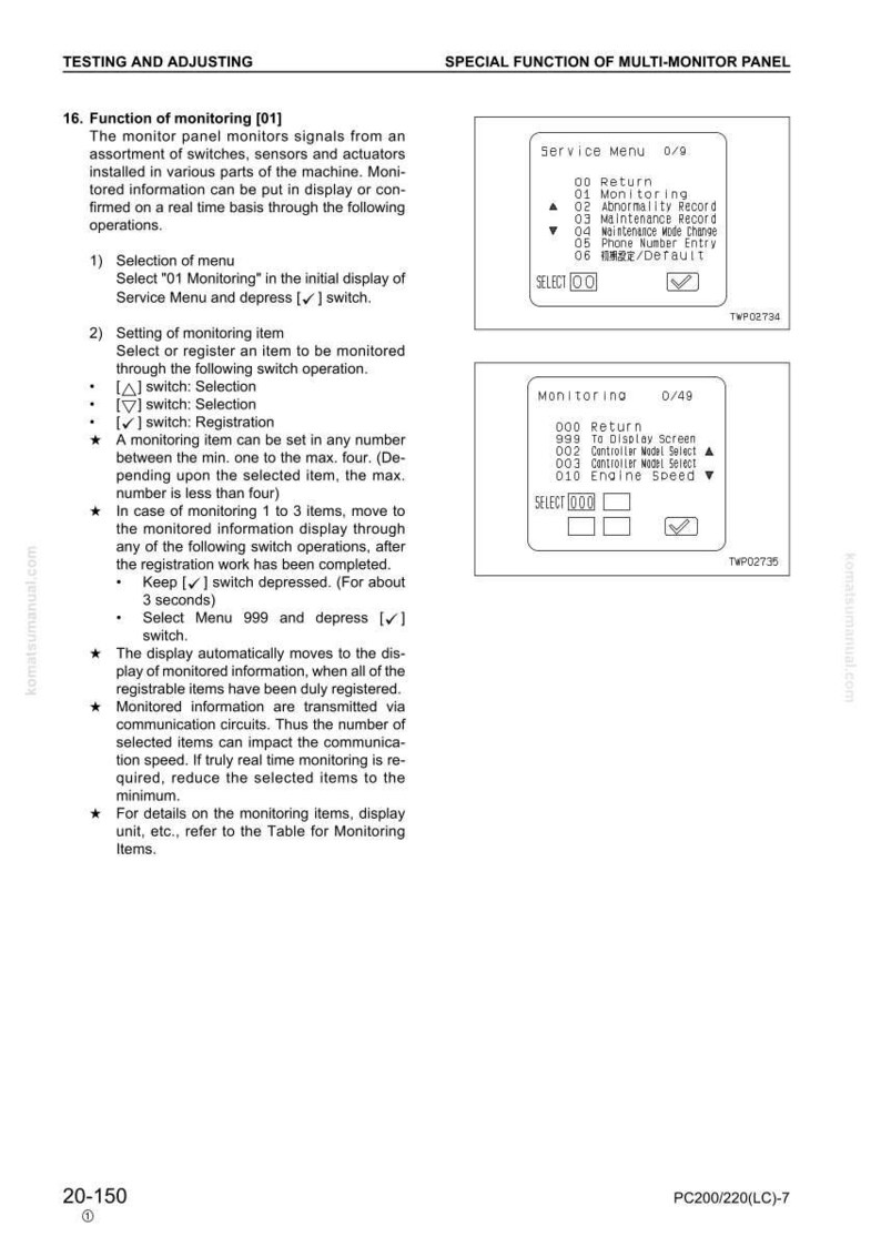 Pode incluir: Um documento t&eacute;cnico com instru&ccedil;&otilde;es para um painel multi-monitor. O documento inclui texto e diagramas para as op&ccedil;&otilde;es do menu de servi&ccedil;o, configura&ccedil;&otilde;es de monitoramento e telas.