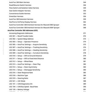 May include: A white document page with a detailed list of technical specifications and procedures, including software updates, harness details, and diagnostic addresses. The document is for agricultural equipment.