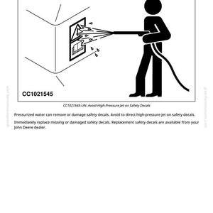 May include: Black and white illustration warning against using a high-pressure jet on safety decals. A stick figure aims a water jet at a wall-mounted object. Text reads "Avoid High-Pressure Jet on Safety Decals."