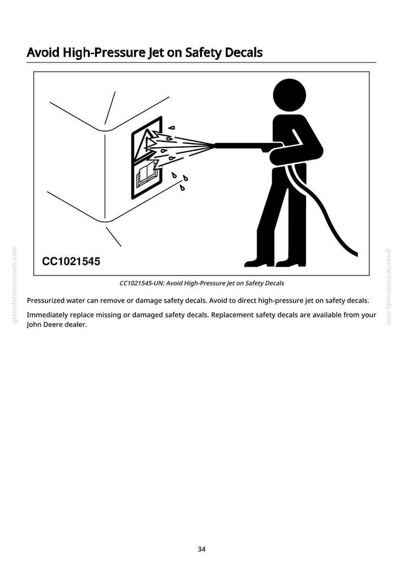 May include: Black and white illustration warning against using a high-pressure jet on safety decals. A stick figure aims a water jet at a wall-mounted object. Text reads "Avoid High-Pressure Jet on Safety Decals."