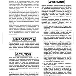 Puede incluir: Una p&aacute;gina de un manual con advertencias de seguridad sobre el servicio de sistemas de aire acondicionado. El texto incluye advertencias sobre la manipulaci&oacute;n del refrigerante, la protecci&oacute;n ocular y evitar llamas. El documento se titula "30 Pruebas y ajustes".