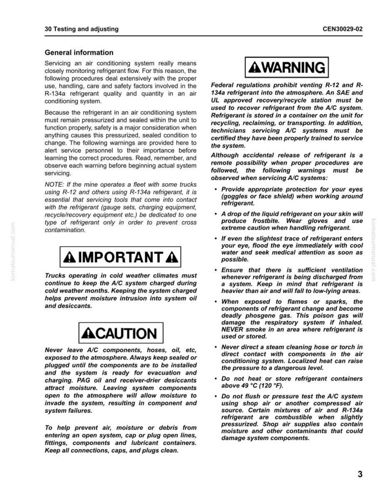 Puede incluir: Una p&aacute;gina de un manual con advertencias de seguridad sobre el servicio de sistemas de aire acondicionado. El texto incluye advertencias sobre la manipulaci&oacute;n del refrigerante, la protecci&oacute;n ocular y evitar llamas. El documento se titula "30 Pruebas y ajustes".