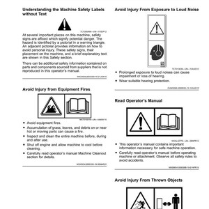 May include: A page from an operator's manual with safety labels and warnings. The labels use pictograms to illustrate potential hazards, such as fire, loud noise, and thrown objects. The manual provides instructions to avoid injury and ensure safe operation.
