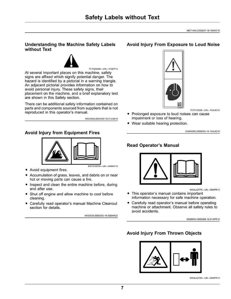 May include: A page from an operator's manual with safety labels and warnings. The labels use pictograms to illustrate potential hazards, such as fire, loud noise, and thrown objects. The manual provides instructions to avoid injury and ensure safe operation.