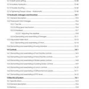 Op de afbeelding: Een gedetailleerde inhoudsopgave uit een handleiding, met secties over hydraulische verbindingen, bedieningselementen en het elektrische systeem. Het document bevat specifieke onderwerpen zoals het afstellen van stabilisatoren en het demonteren van verbindingen. Zwarte tekst op witte achtergrond.