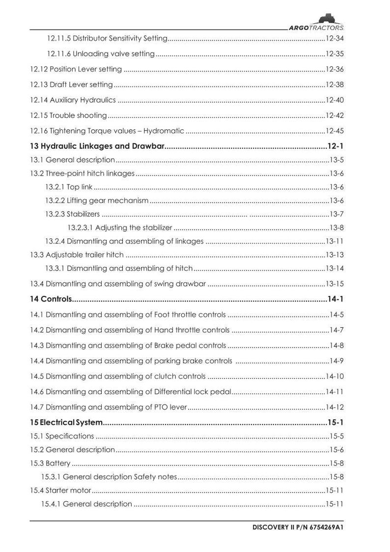 Op de afbeelding: Een gedetailleerde inhoudsopgave uit een handleiding, met secties over hydraulische verbindingen, bedieningselementen en het elektrische systeem. Het document bevat specifieke onderwerpen zoals het afstellen van stabilisatoren en het demonteren van verbindingen. Zwarte tekst op witte achtergrond.