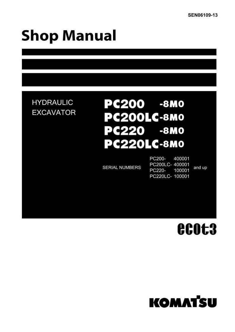 May include: A black and white shop manual cover with the title "Shop Manual". It lists hydraulic excavator models PC200, PC200LC, PC220, and PC220LC. The Komatsu logo is at the bottom.