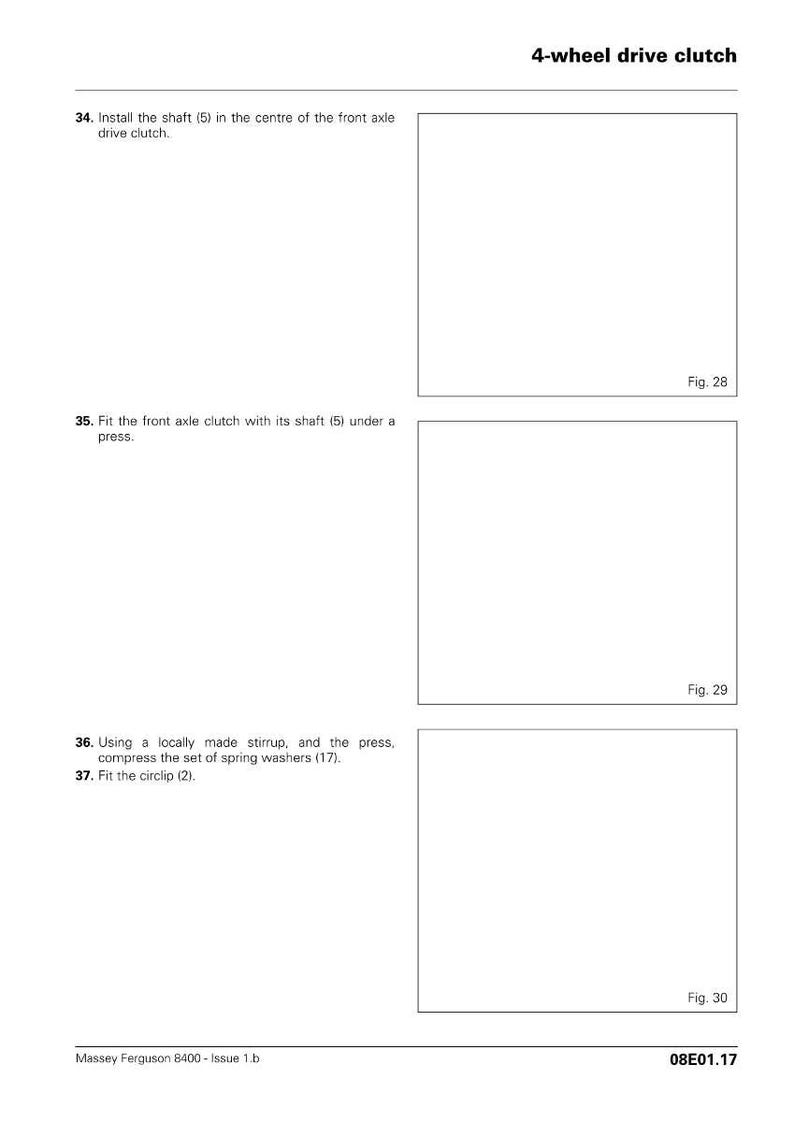 K&ouml;nnte beinhalten: Eine Seite aus einem Handbuch, das die 4-Rad-Antriebs-Kupplungsbaugruppe detailliert. Der Text enth&auml;lt Anweisungen zum Einbau der Welle, zum Einbau der Kupplung und zum Zusammendr&uuml;cken der Federscheiben. Diagramme sind enthalten.