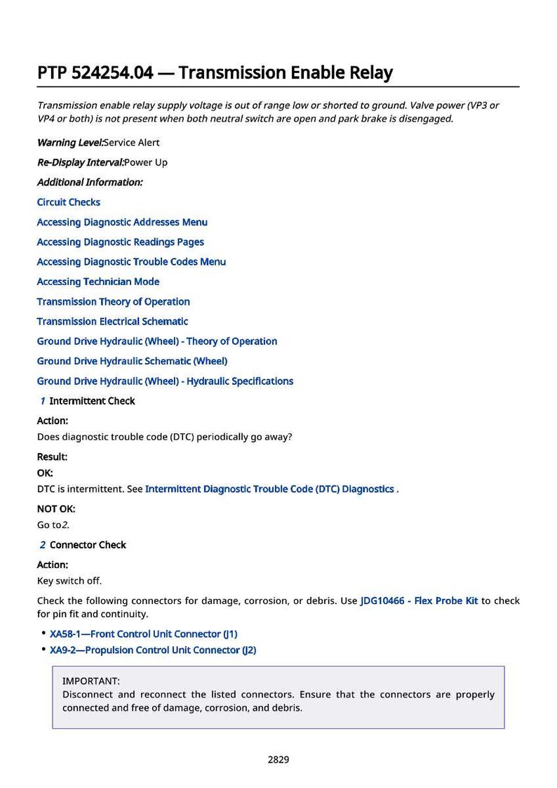 May include: Document titled "PTP 524254.04 - Transmission Enable Relay" with troubleshooting steps. Includes information on voltage, diagnostic codes, and connector checks. Text is in black on a white background.