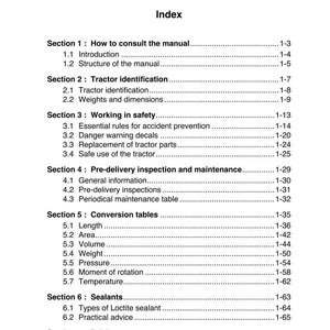 Puede incluir: Una p&aacute;gina de manual titulada "Cap&iacute;tulo 1: Introducci&oacute;n" con un &iacute;ndice. Las secciones cubren la identificaci&oacute;n del tractor, la seguridad y las tablas de conversi&oacute;n. P&aacute;gina blanca con texto negro, medidas en cm.