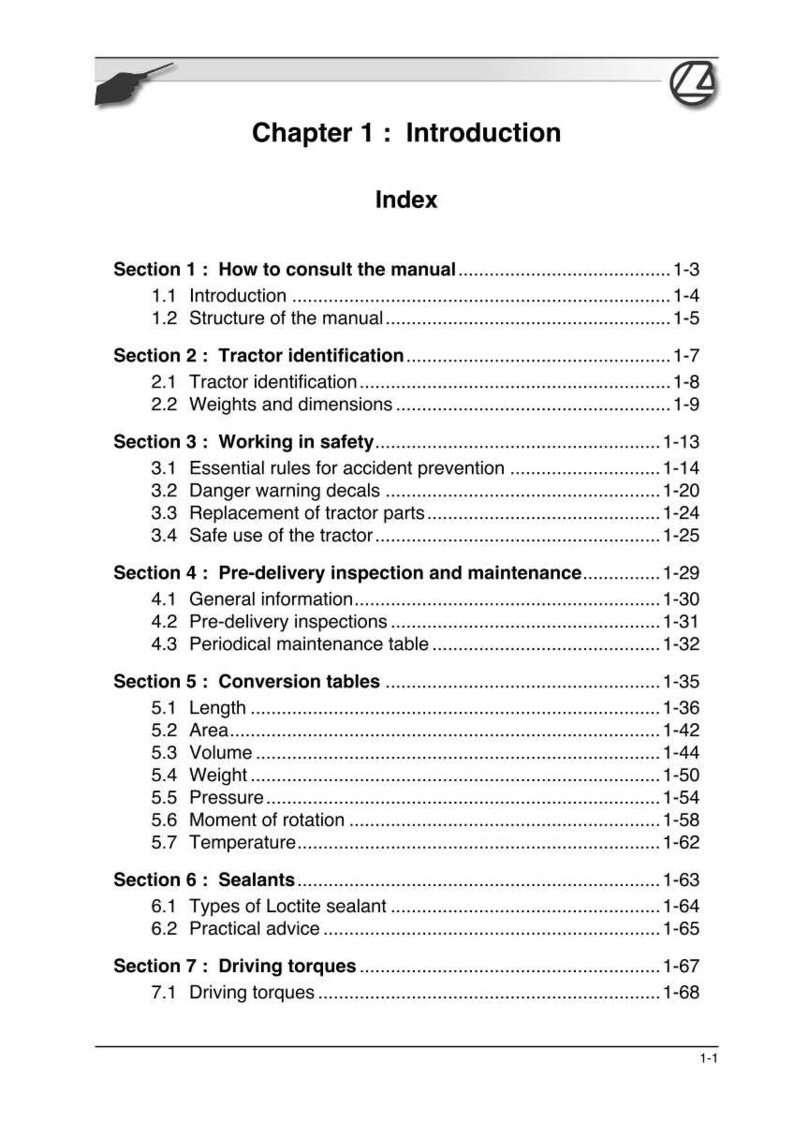 Puede incluir: Una p&aacute;gina de manual titulada "Cap&iacute;tulo 1: Introducci&oacute;n" con un &iacute;ndice. Las secciones cubren la identificaci&oacute;n del tractor, la seguridad y las tablas de conversi&oacute;n. P&aacute;gina blanca con texto negro, medidas en cm.