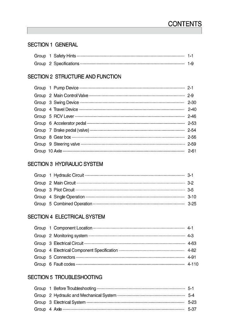 May include: A contents page from a manual, detailing sections on general information, structure, function, hydraulic and electrical systems, and troubleshooting. Text is black on a white background.