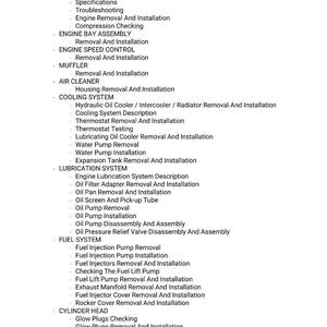 K&ouml;nnte beinhalten: Eine detaillierte Liste von Motorwartungsverfahren, einschlie&szlig;lich Spezifikationen, Ausbau, Einbau und Testanweisungen. Der Text behandelt verschiedene Motorkomponenten wie K&uuml;hlsystem, Kraftstoffsystem und Zylinderkopf.