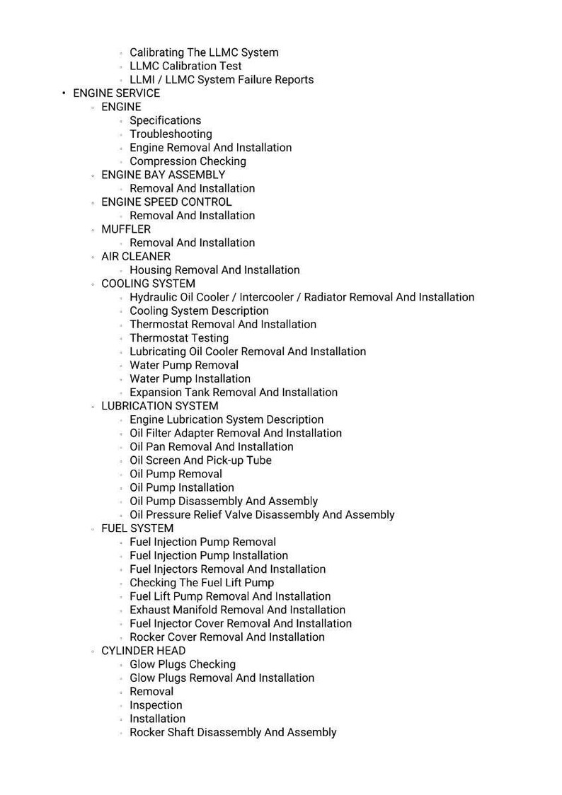 K&ouml;nnte beinhalten: Eine detaillierte Liste von Motorwartungsverfahren, einschlie&szlig;lich Spezifikationen, Ausbau, Einbau und Testanweisungen. Der Text behandelt verschiedene Motorkomponenten wie K&uuml;hlsystem, Kraftstoffsystem und Zylinderkopf.