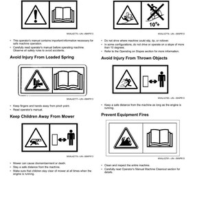 May include: A page of safety labels with black and white warning symbols and text. The labels warn against hazards like tipping, thrown objects, and loaded springs. The text includes instructions to read the operator's manual and keep children away.