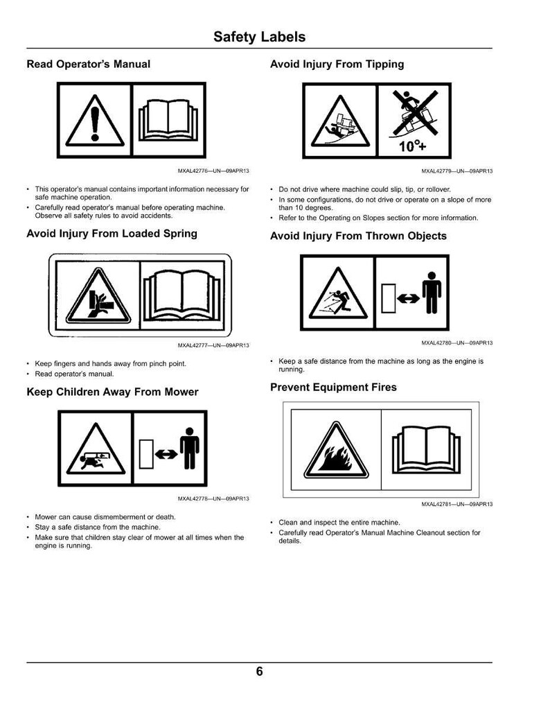 May include: A page of safety labels with black and white warning symbols and text. The labels warn against hazards like tipping, thrown objects, and loaded springs. The text includes instructions to read the operator's manual and keep children away.