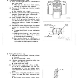 May include: Diagram of hydraulic pump disassembly and assembly instructions. Includes illustrations of cylinder block, valve plate, and end cap components with measurements in millimeters. Text details steps for inspection and assembly.