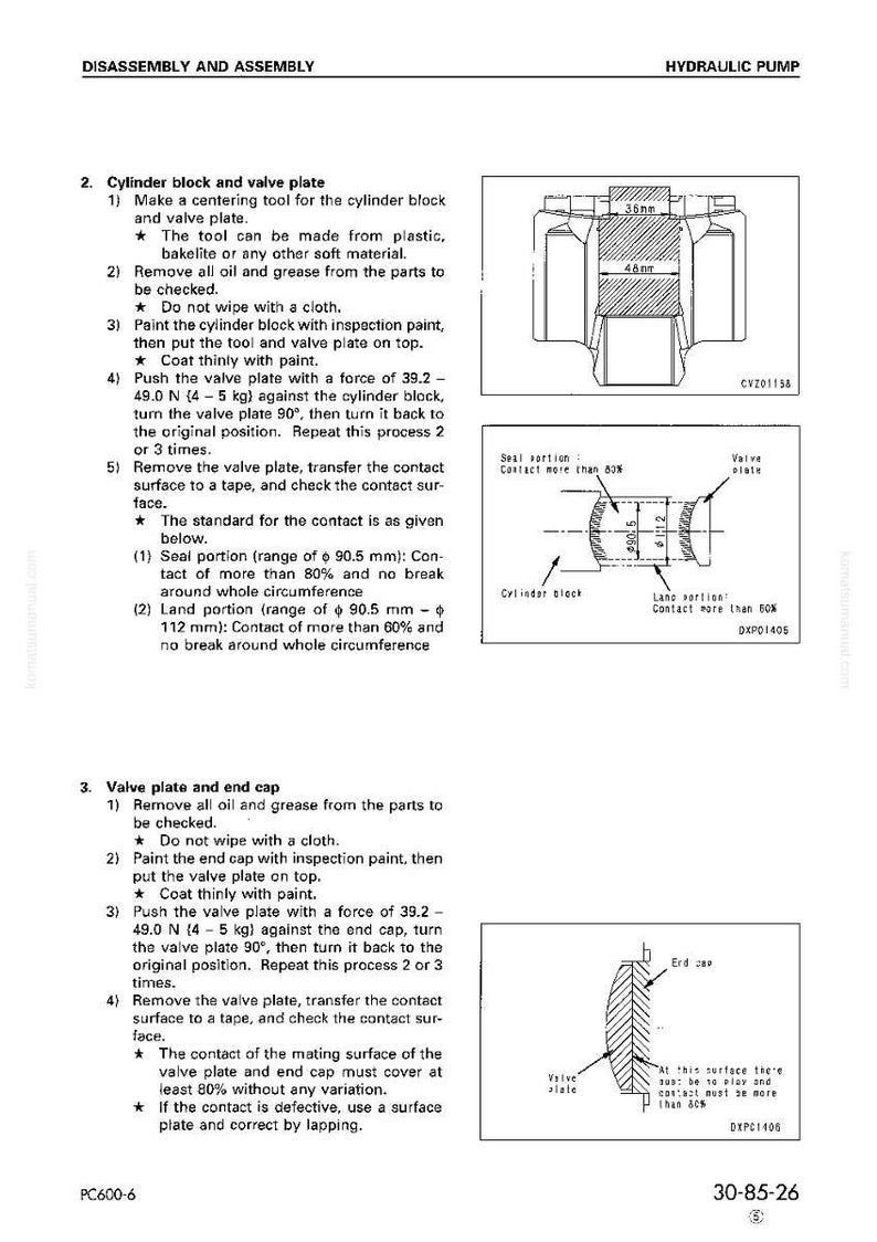 May include: Diagram of hydraulic pump disassembly and assembly instructions. Includes illustrations of cylinder block, valve plate, and end cap components with measurements in millimeters. Text details steps for inspection and assembly.