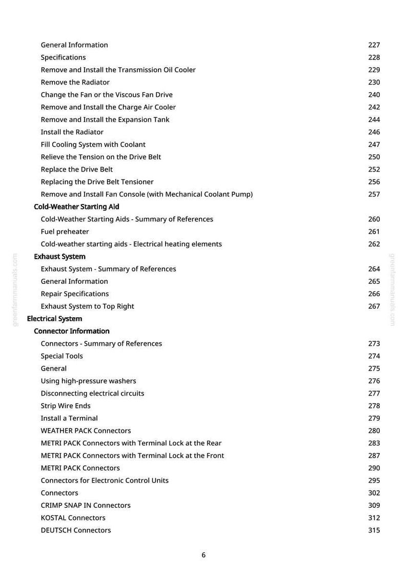 May include: A page from a manual with a list of automotive repair topics, including cooling systems, exhaust systems, and electrical systems. The text is in black font on a white background.