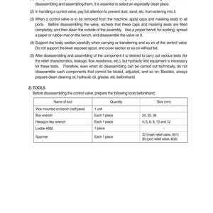 May include: A page from a manual detailing disassembly and assembly procedures for hydraulic components. It lists general precautions and required tools, including wrenches, a vice, and Loctite. Measurements are in millimeters.