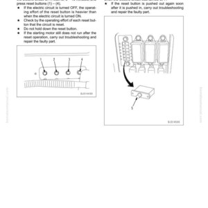 May include: Diagram from a manual showing troubleshooting steps for a circuit breaker. The image includes illustrations of reset buttons and instructions for resetting the main power supply circuit breaker.