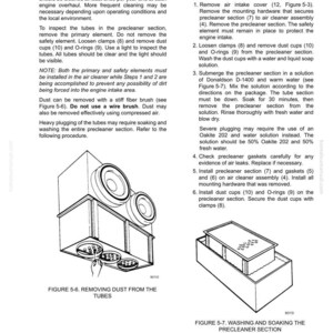 Puede incluir: Diagramas e instrucciones para limpiar una secci&oacute;n de prefiltro del filtro de aire. La imagen muestra los pasos para quitar el polvo de los tubos y lavar la secci&oacute;n del prefiltro. El texto incluye figuras y n&uacute;meros de pieza.