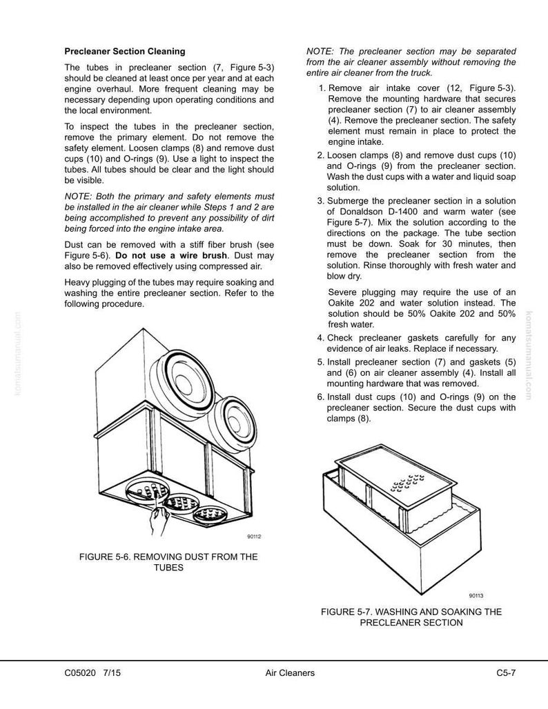Puede incluir: Diagramas e instrucciones para limpiar una secci&oacute;n de prefiltro del filtro de aire. La imagen muestra los pasos para quitar el polvo de los tubos y lavar la secci&oacute;n del prefiltro. El texto incluye figuras y n&uacute;meros de pieza.