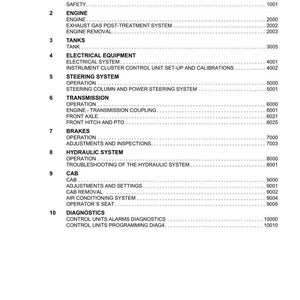 May include: A table of contents from a manual for Argo Tractors, listing sections on safety, engine, tanks, electrical equipment, steering, transmission, brakes, hydraulics, cab, and diagnostics. The document is labeled Serie 7 V-Shift.
